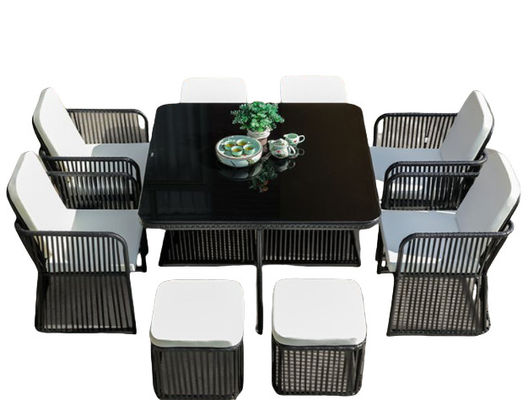 Black Rattan Outdoor Dining Table Rattan Aluminium Frame Waterproof Cushion