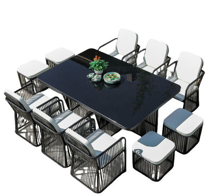 Black Rattan Outdoor Dining Table Rattan Aluminium Frame Waterproof Cushion