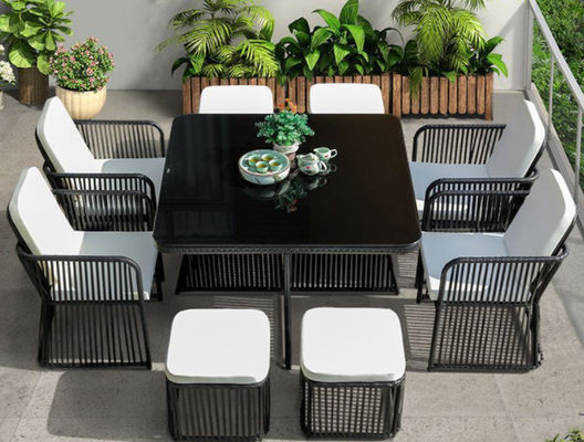 Black Rattan Outdoor Dining Table Rattan Aluminium Frame Waterproof Cushion
