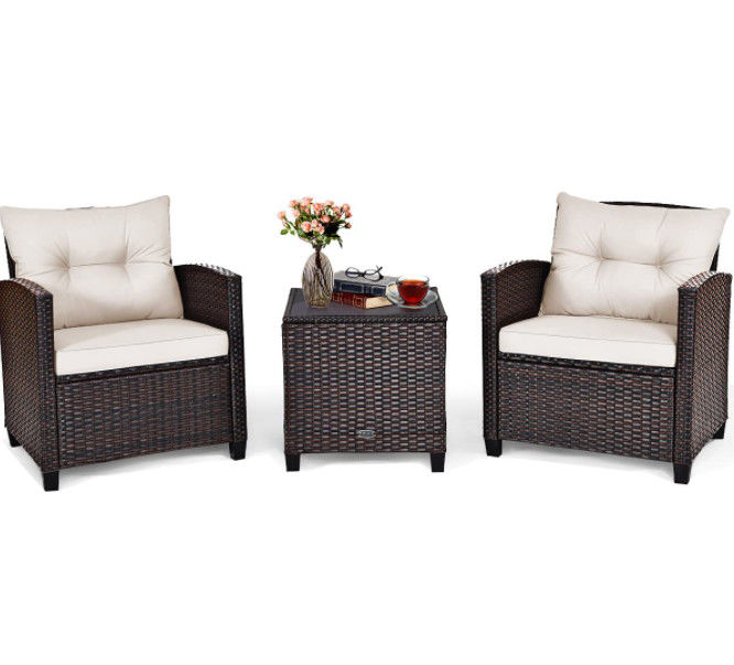 3pc Patio Wicker Bistro Conversation Patio Balcony Poolside-2 Cushioned Armchairs Glass Topped Table Outdoor Rattan Sofa